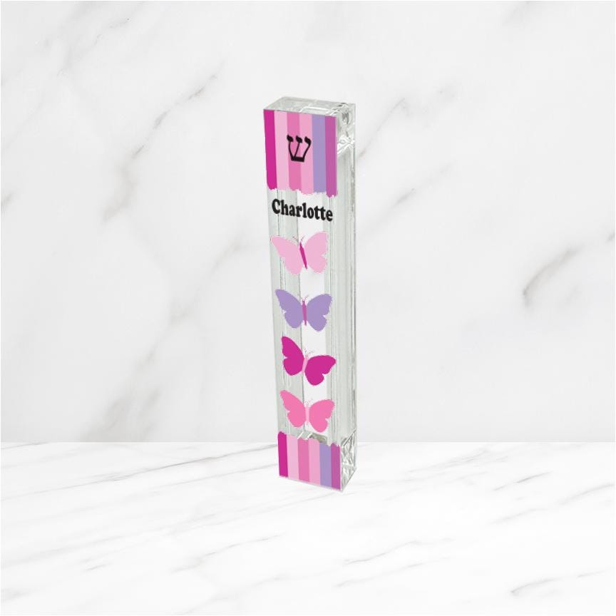 personalized mezuzah case in pink and purple butterfly design