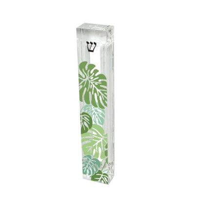 Monstera leaf mezuzah case with green botanical design printed on clear acrylic