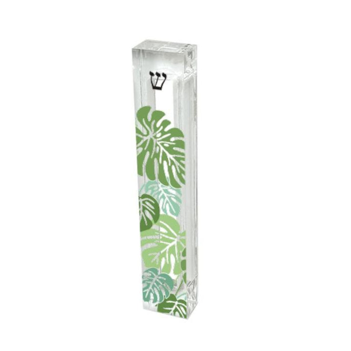 Monstera leaf mezuzah case with green botanical design printed on clear acrylic