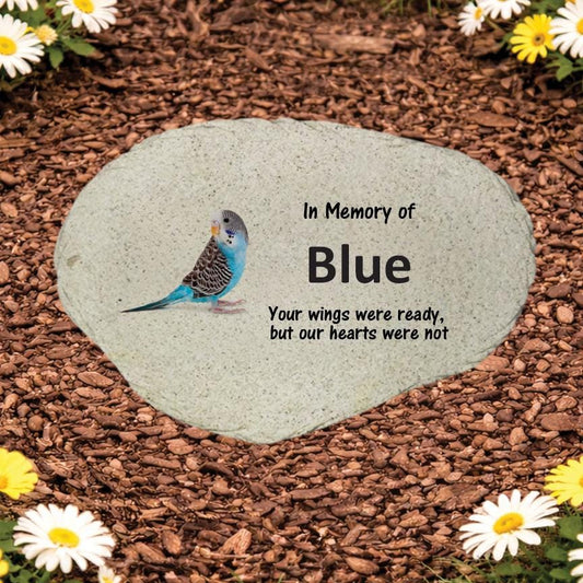 Blue Parakeet Memorial Stone, Personalized Budgie Garden Marker, Bird Sympathy Gift, “Your Wings Were Ready But Our Hearts Were Not” - MemorialGiftsandmore - Memorial Stones - Pets