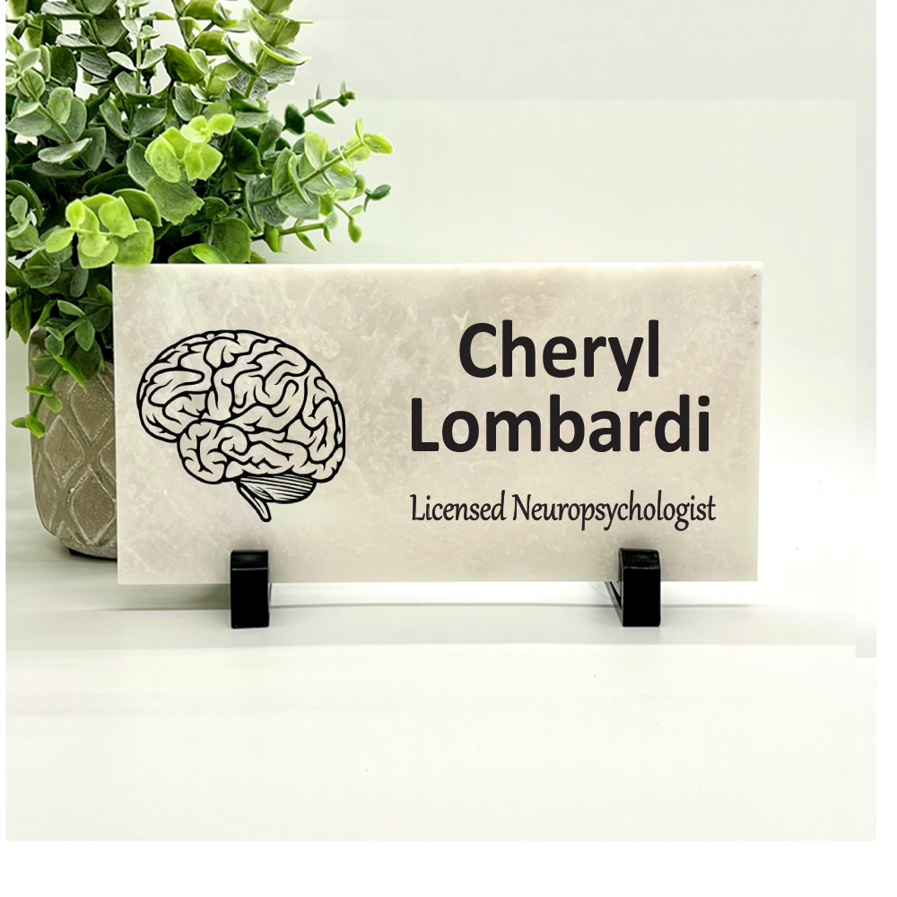 Marble Name Plate - Personalized Desktop Name Plaque with Brain Image for Office Desk Decor