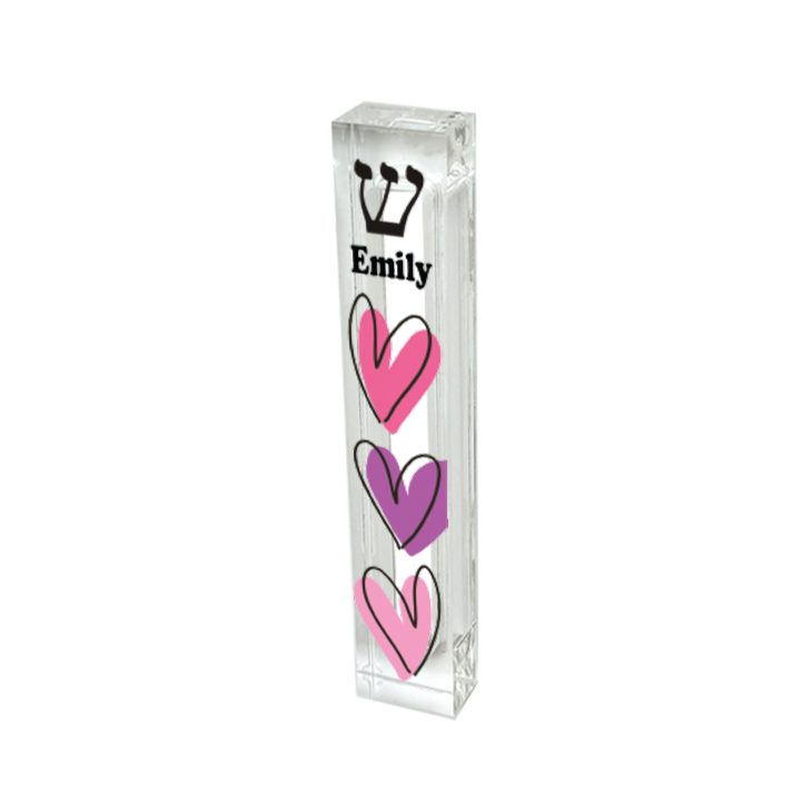 Personalized acrylic mezuzah with 3 outlined hearts design, custom name option, Judaica gift for baby or kids room