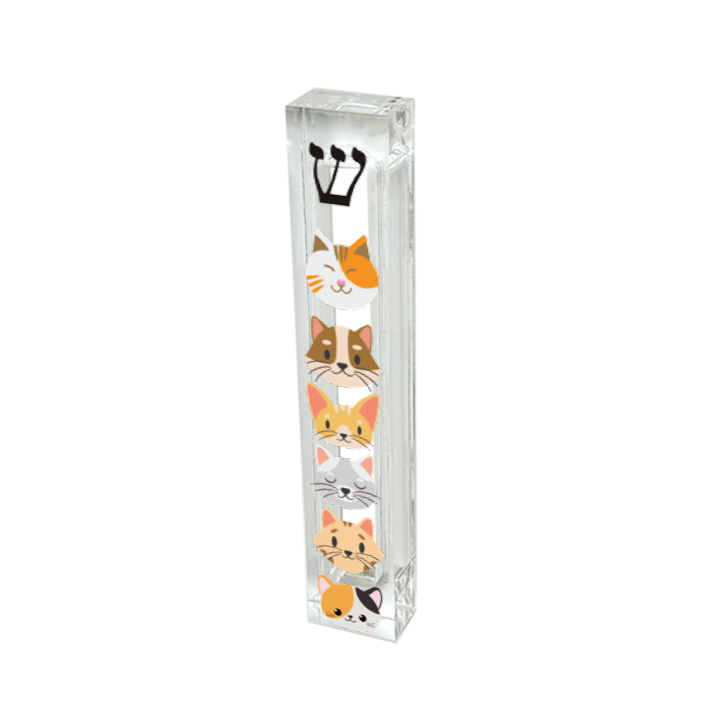 Cat mezuzah case with cute kitty design printed on clear acrylic