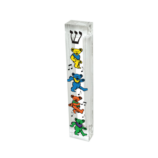 Colorful dancing bear mezuzah case printed on clear acrylic