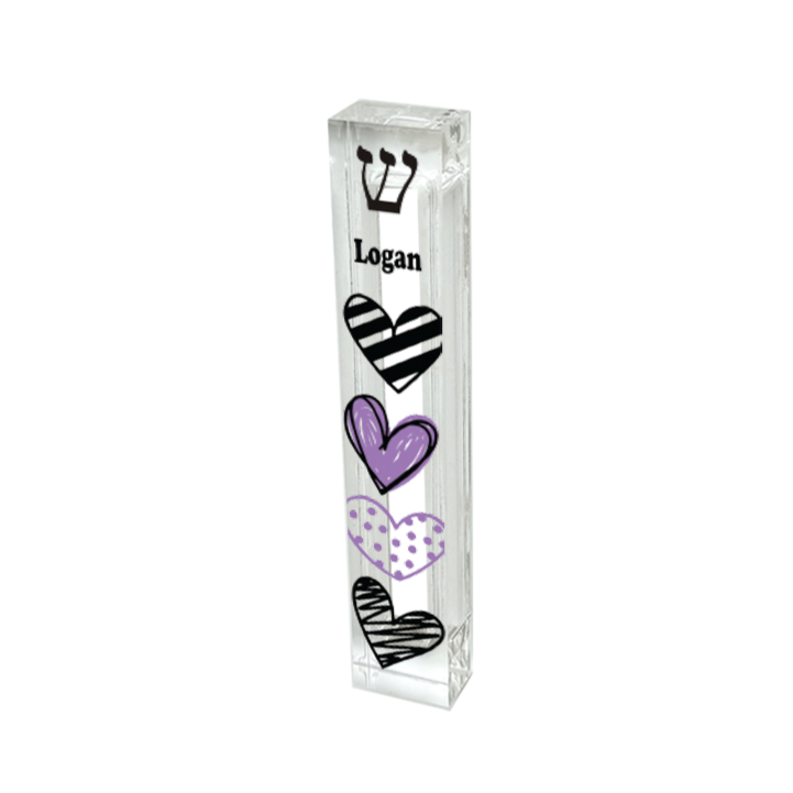 Personalized Acrylic Mezuzah - Purple & Black Heart Design | Kids & Teen Gift