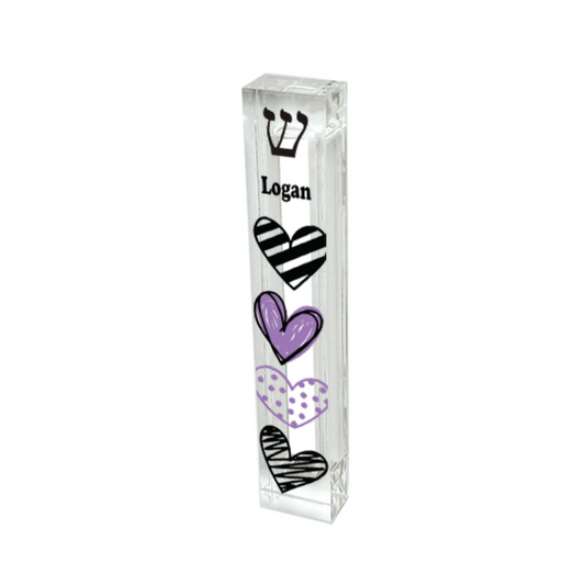Personalized Acrylic Mezuzah - Purple & Black Heart Design | Kids & Teen Gift
