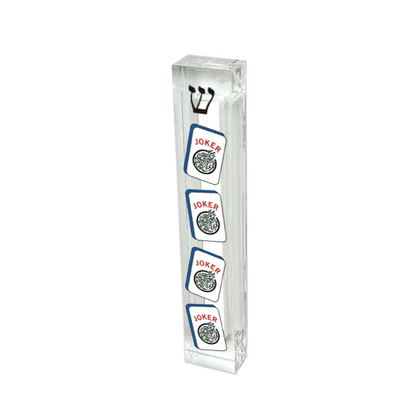 Mahjong themed acrylic mezuzah case with colorful joker tile inspired design for Jewish home doorway