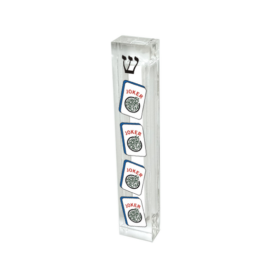Mahjong themed acrylic mezuzah case with colorful joker tile inspired design for Jewish home doorway