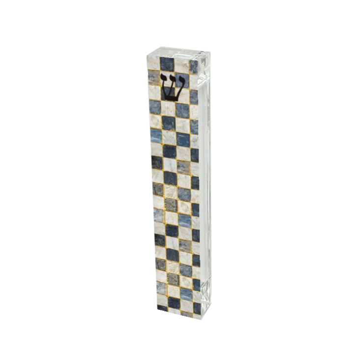 Checkerboard mezuzah case with modern black and white graphic design on clear acrylic