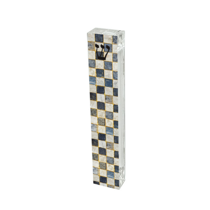 Checkerboard mezuzah case with modern black and white graphic design on clear acrylic