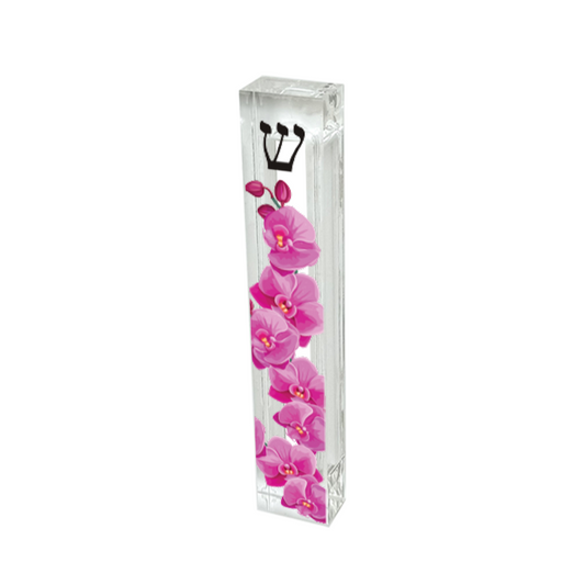 Personalized Acrylic Mezuzah – Orchid Flower Design, Custom Jewish Gift Mezuzah Case