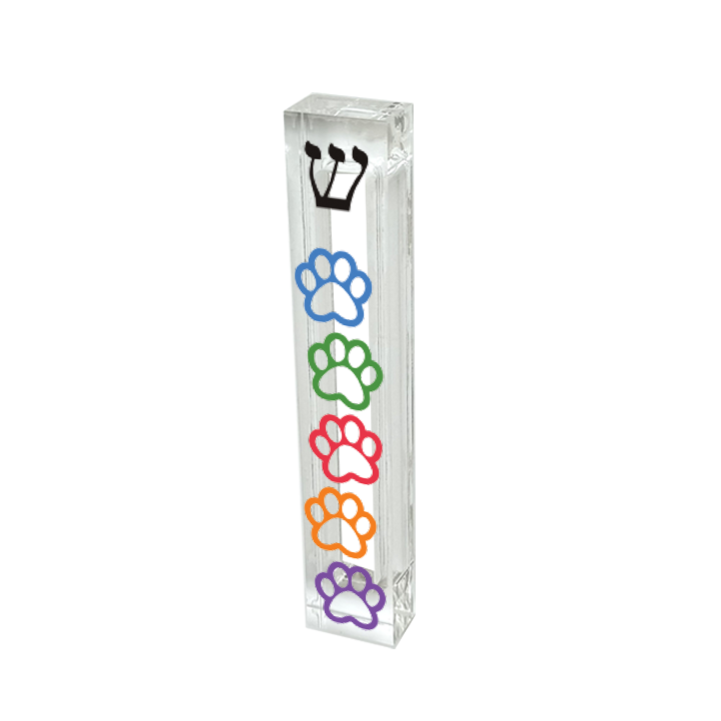 Paw print mezuzah case with pet inspired design printed on clear acrylic