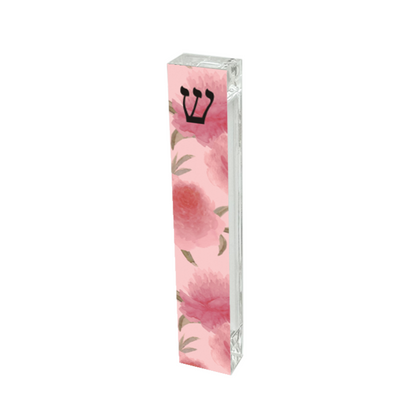 Personalized Acrylic Mezuzah - Pink Peonies Floral Design, Custom Name Gift