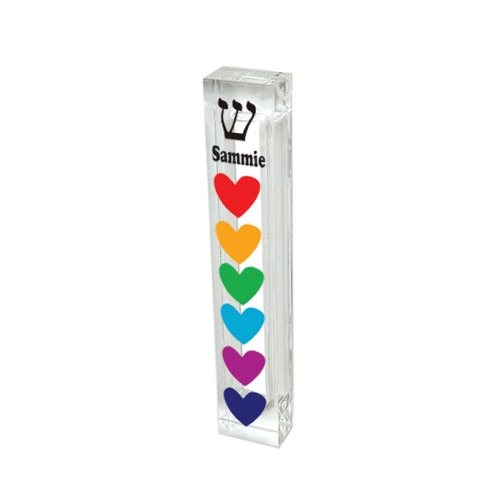 Personalized Acrylic Mezuzah – Colorful Heart Design | Custom Mezuzah Case with Adhesive