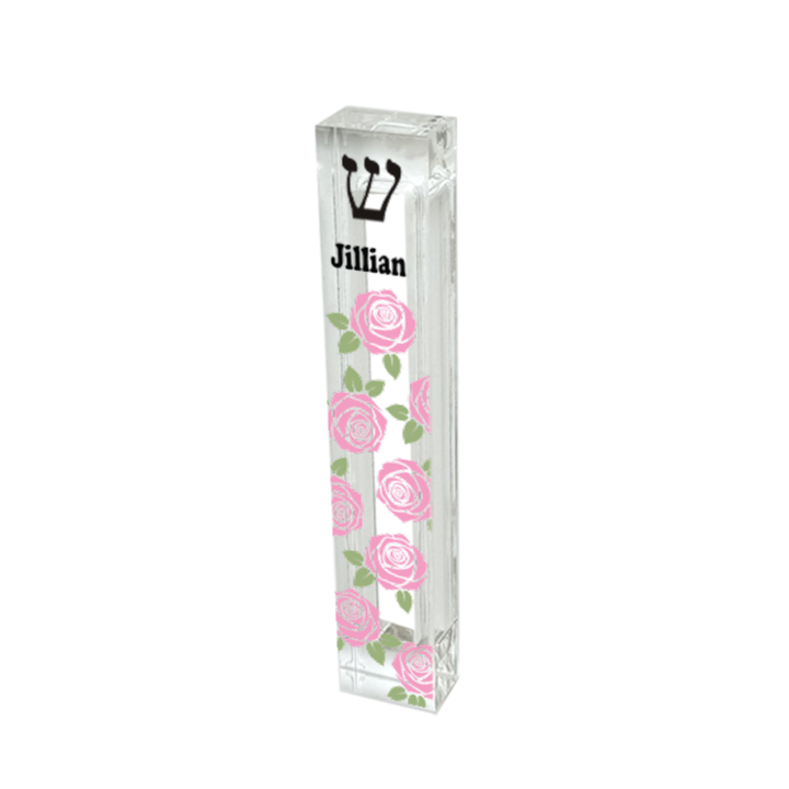 Personalized Acrylic Mezuzah - Pink Rose Custom Case With Name | Indoor Use