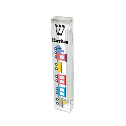 Personalized Acrylic Mezuzah – Custom Train Design | Clear UV Printed Case