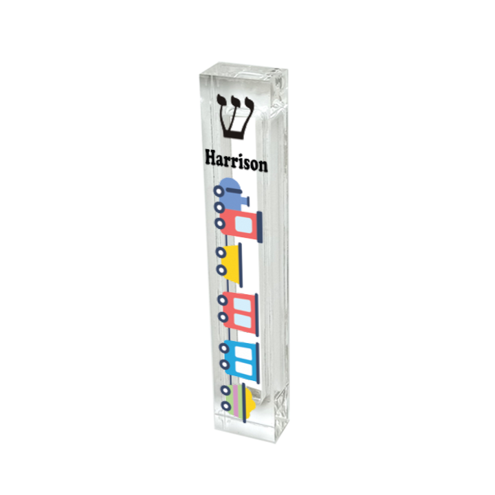 Personalized Acrylic Mezuzah – Custom Train Design | Clear UV Printed Case