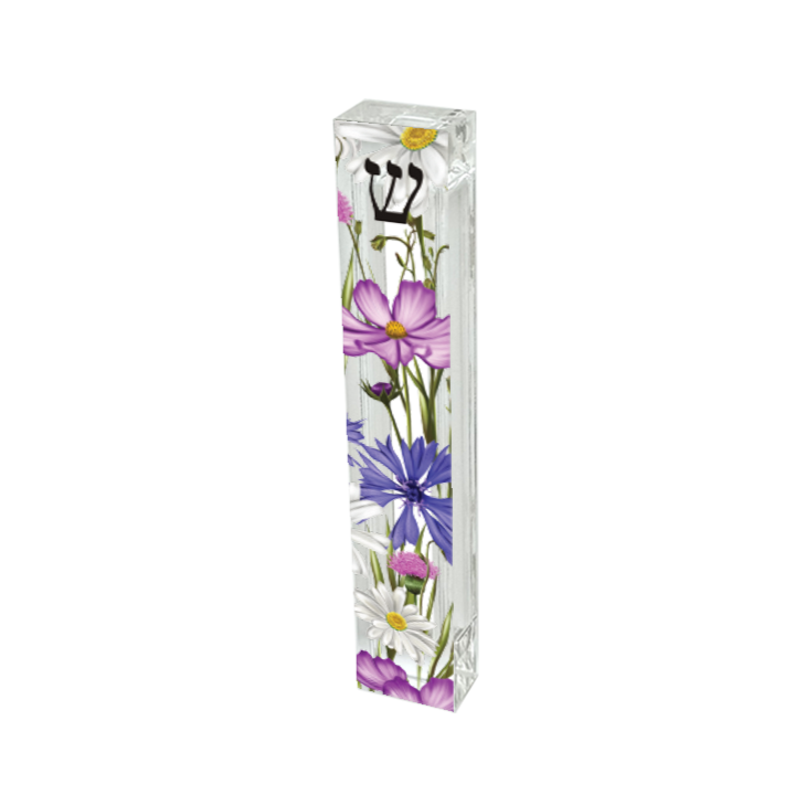 Wildflower floral mezuzah case in clear acrylic, personalized mezuzah for modern Jewish home