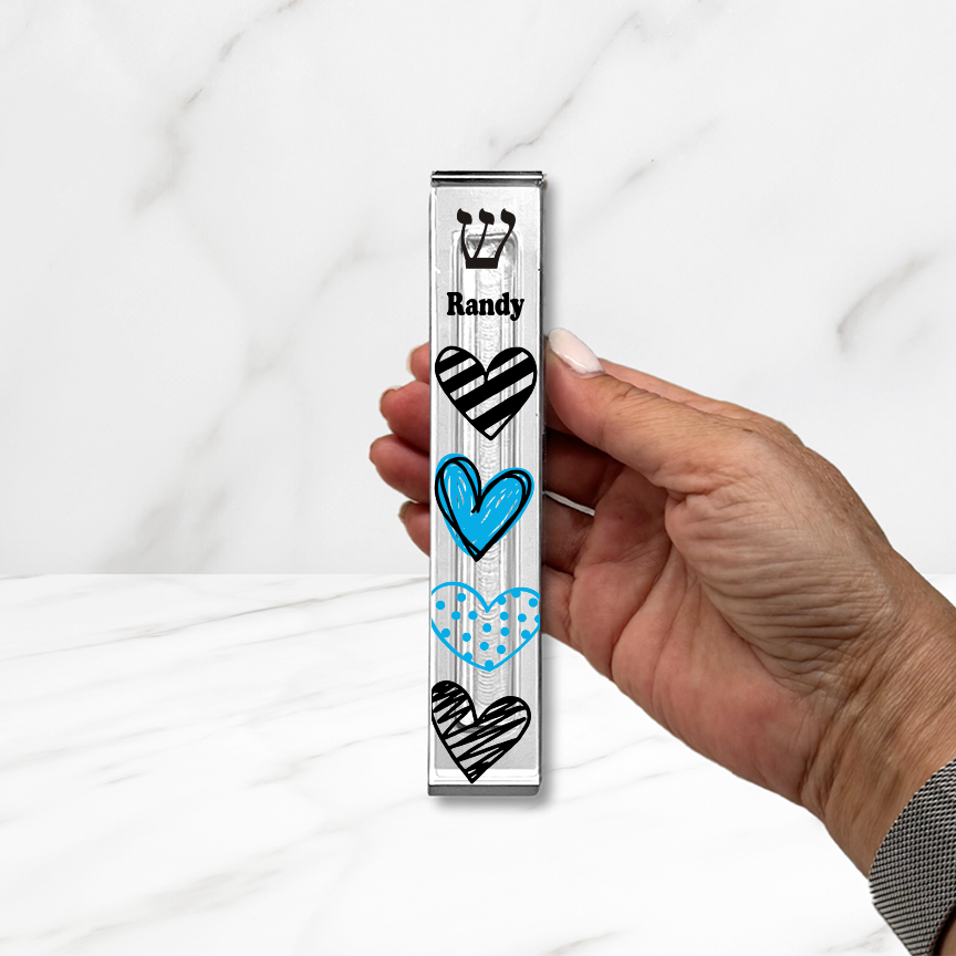 Personalized Acrylic Mezuzah - Turquoise Heart Design | Custom Kids & Teen Gift