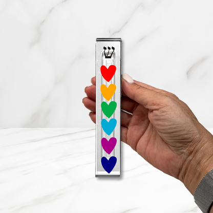 Personalized Acrylic Mezuzah – Colorful Heart Design | Custom Mezuzah Case with Adhesive