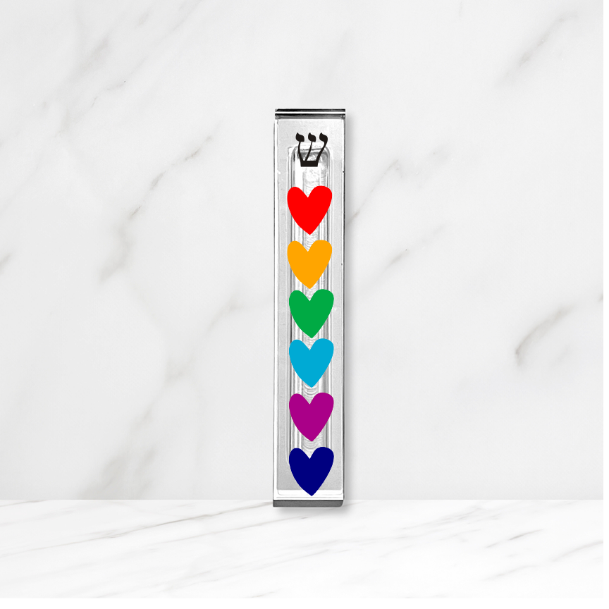 Personalized Acrylic Mezuzah – Colorful Heart Design | Custom Mezuzah Case with Adhesive