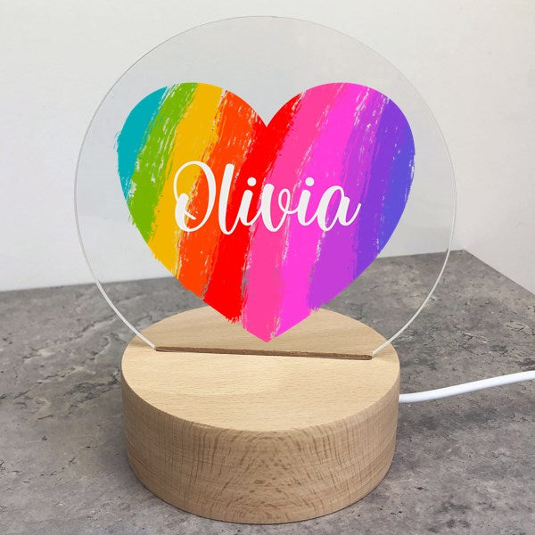 Personalized Rainbow Heart Round LED Light – Custom Name Acrylic Night Light