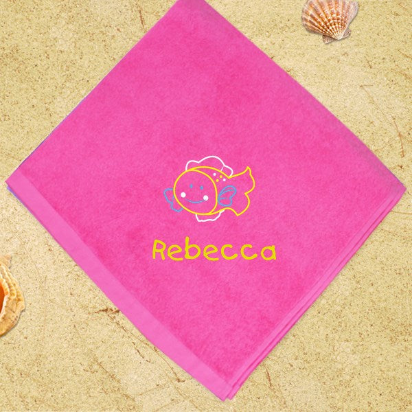 Personalized Kids Beach Towel – Embroidered Fish Design, Soft Cotton 30x60