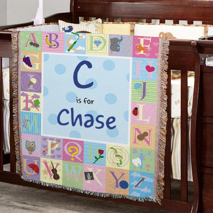 Personalized Baby Blanket – Blue Alphabet Baby Tapestry Throw 37x57 Woven Keepsake