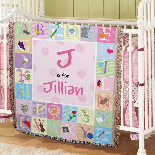Personalized Baby Blanket – Pink Alphabet Baby Tapestry Throw with Custom Name 37x57