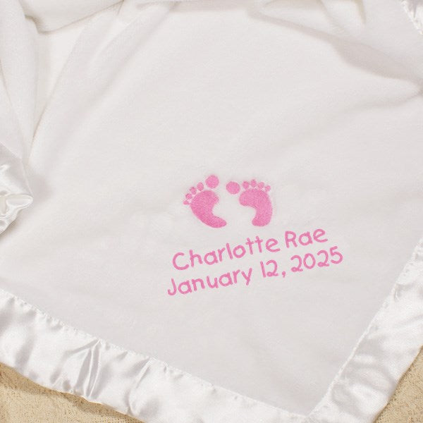 Custom baby blanket with name and birth date embroidery, white fleece newborn keepsake gift