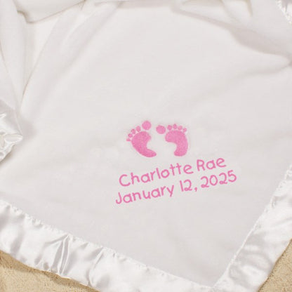 Custom baby blanket with name and birth date embroidery, white fleece newborn keepsake gift