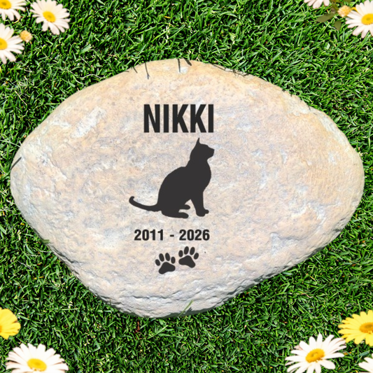 Cat Memorial Stone – Personalized Garden Tribute with Cat Silhouette & Paw Prints