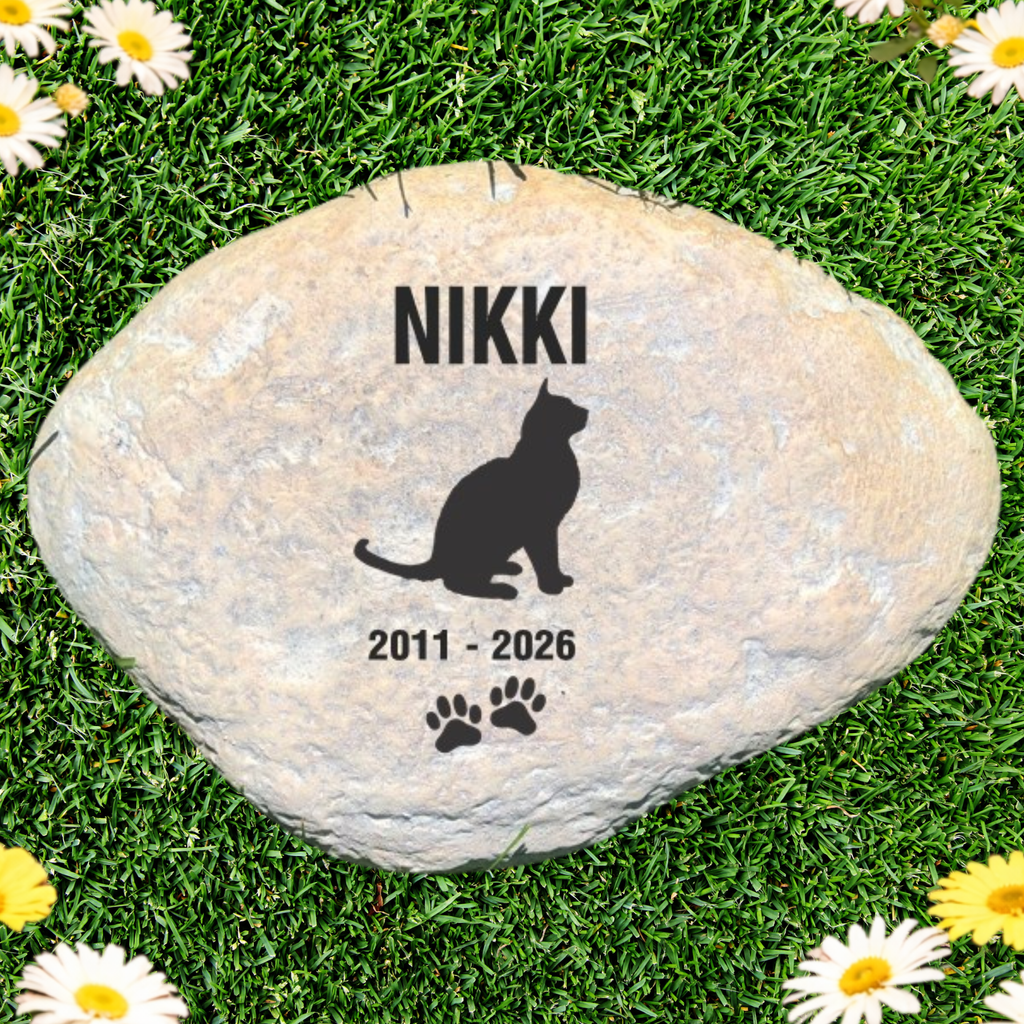 Cat Memorial Stone – Personalized Garden Tribute with Cat Silhouette & Paw Prints