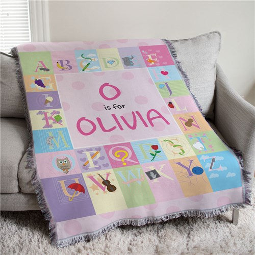 Personalized Baby Blanket – Pink Alphabet Baby Tapestry Throw with Custom Name 37x57