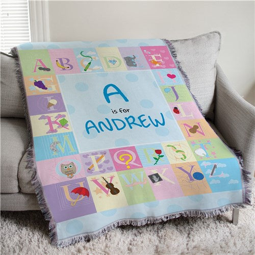 Personalized Baby Blanket – Blue Alphabet Baby Tapestry Throw 37x57 Woven Keepsake