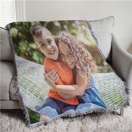 Custom Photo Blanket – Personalized Woven Photo Tapestry Throw with Fringed Edge