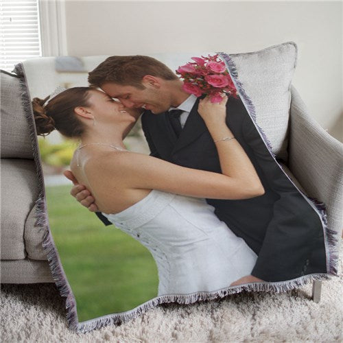 Personalized Wedding Blanket – Custom Photo Tapestry Throw with Fringed Trim
