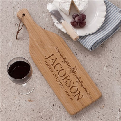 Engraved Grapevine Wine Cutting Board – Personalized Wine Bottle Bamboo Cheese Board