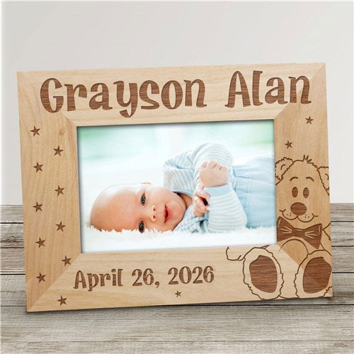 Personalized Baby Picture Frame – Engraved Wood Frame With Teddy Bear Design