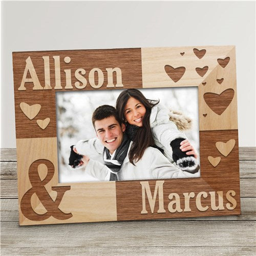 Personalized Couple Frame - Custom Wood Anniversary Picture Frame With Engraved Heart Design