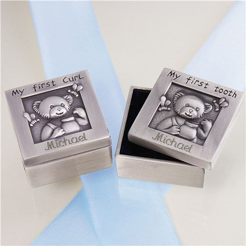 Baby Keepsake Box - Personalized Silver First Curl & Tooth Set with Teddy Bear Design