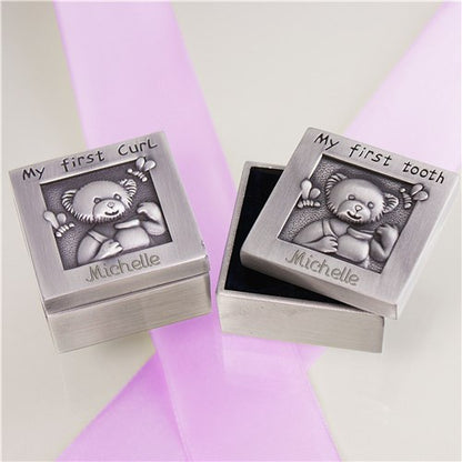 Baby Keepsake Box - Personalized Silver First Curl & Tooth Set with Teddy Bear Design