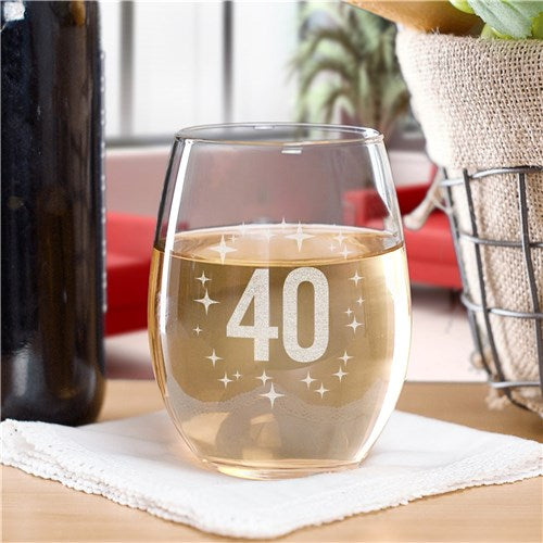 Personalized Birthday Wine Glass – Engraved Stemless Glass with Custom Age & Stars