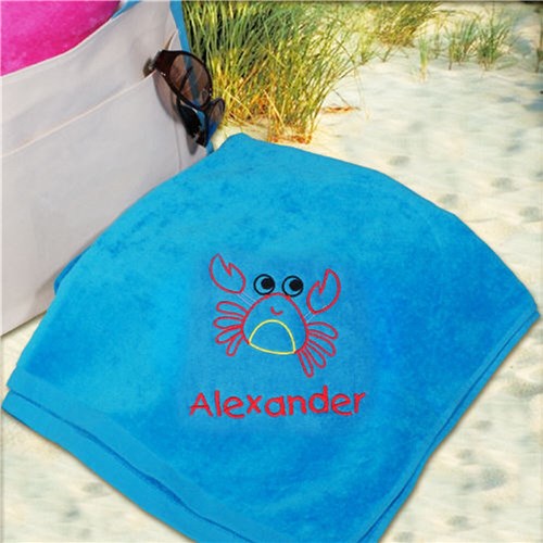 Personalized Beach Towel – Embroidered Crab Design Soft Cotton Kids Towel