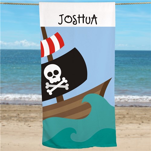 Personalized Kids Beach Towel - Pirate Ship Design | Lightweight Cotton Velour