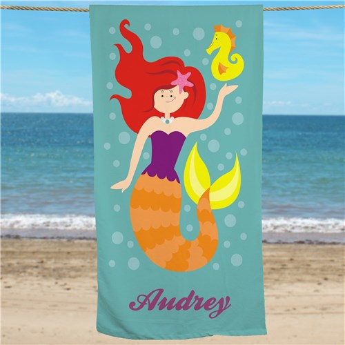 Personalized Kids Beach Towel – Mermaid Design, Custom Name, Velour Terry Cotton