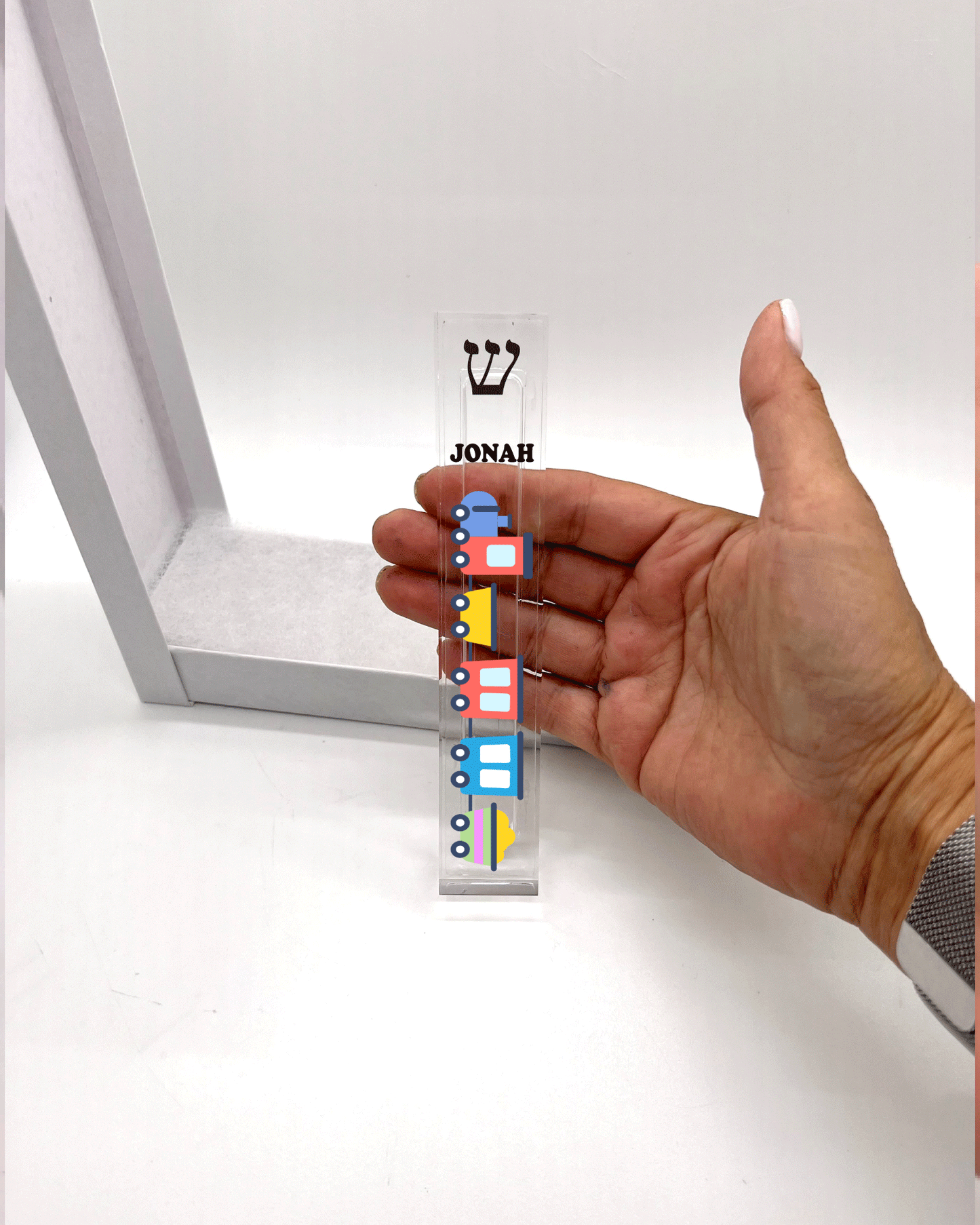Personalized Acrylic Mezuzah – Custom Train Design | Clear UV Printed Case